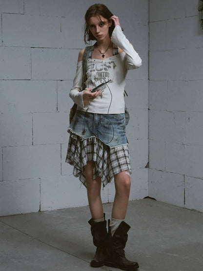 Chinese Clothing Cest Nous Update Punk Studded Off Shoulder Graphic Top