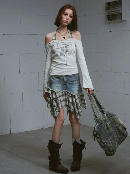 Chinese Clothing Cest Nous Update Punk Studded Off Shoulder Graphic Top