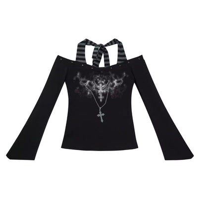 Chinese Clothing Cest Nous Update Punk Studded Off Shoulder Graphic Top MISSTT