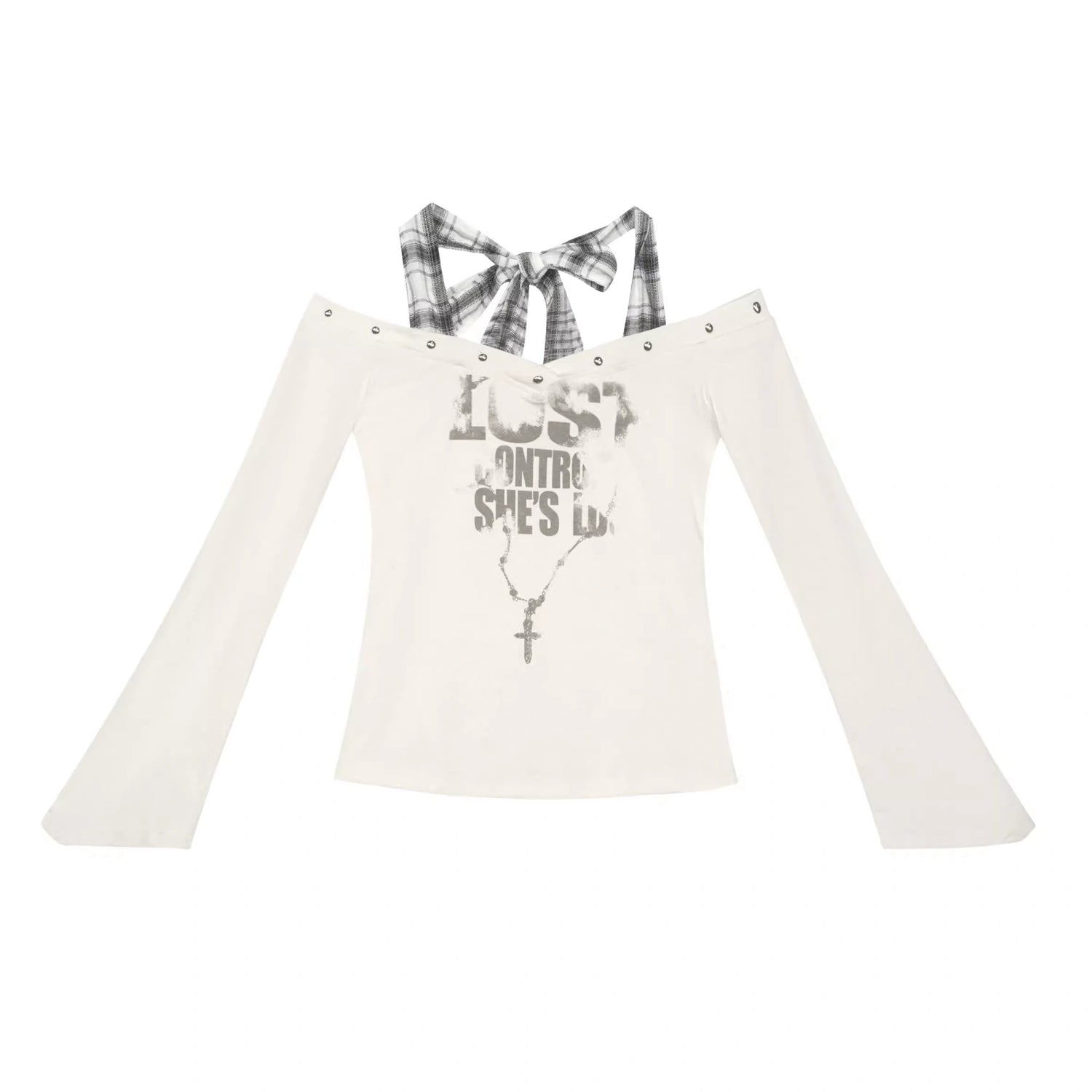 Chinese Clothing Cest Nous Update Punk Studded Off Shoulder Graphic Top MISSTT