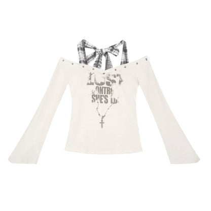 Chinese Clothing Cest Nous Update Punk Studded Off Shoulder Graphic Top MISSTT