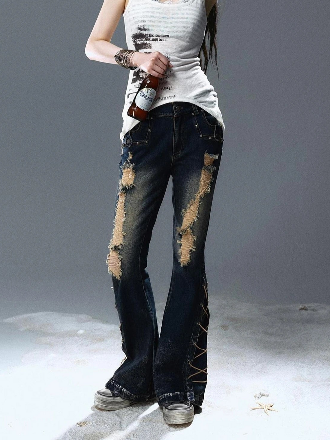 Chinese Clothing Cest Nous Update Silver Torn Low Rise Flare Jeans