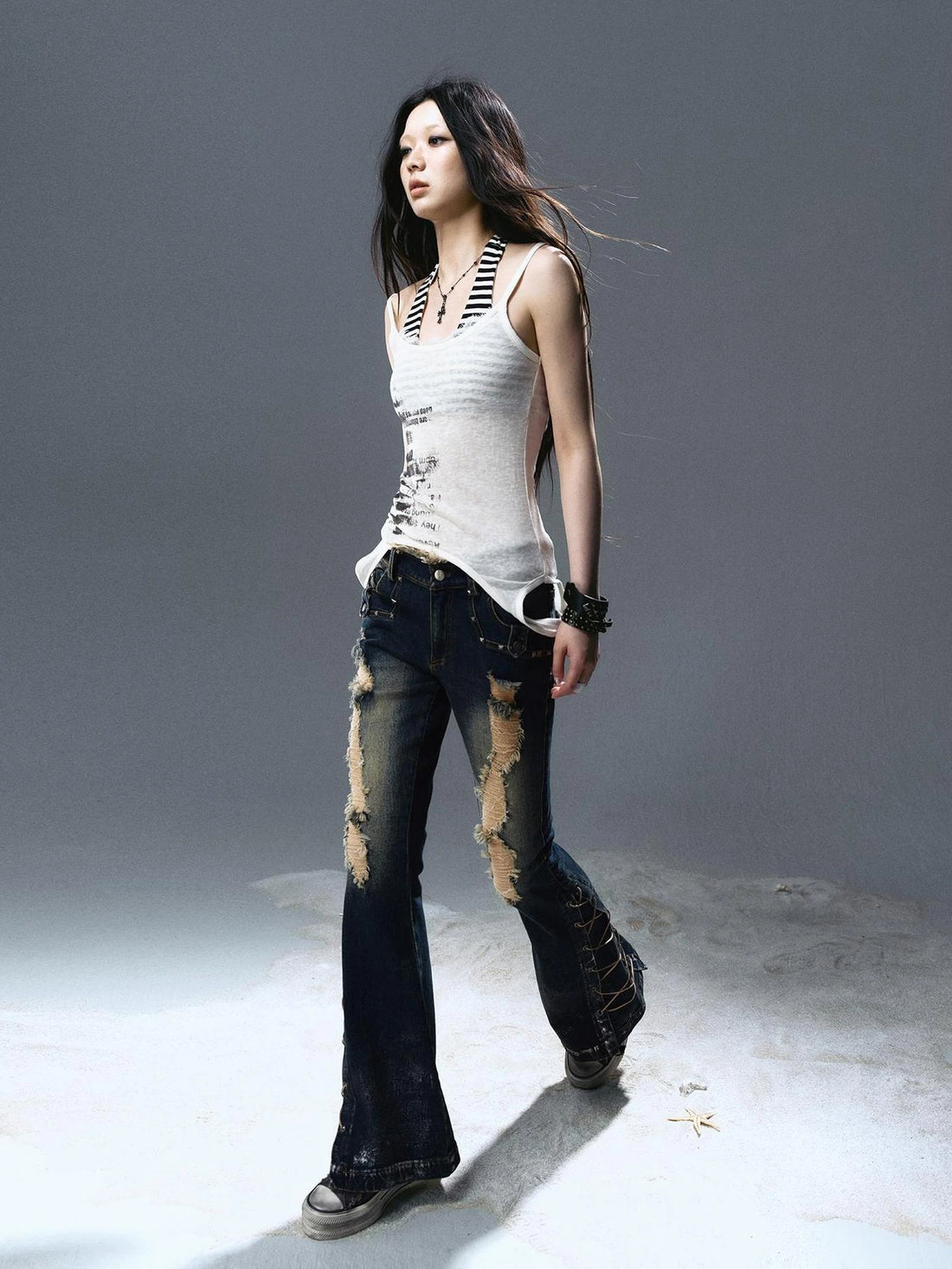 Chinese Clothing Cest Nous Update Silver Torn Low Rise Flare Jeans