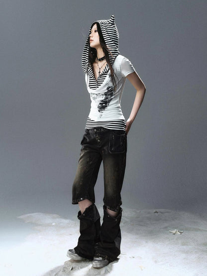 Chinese Clothing Cest Nous Update Striped Cat Ear Layered Hem T-shirt
