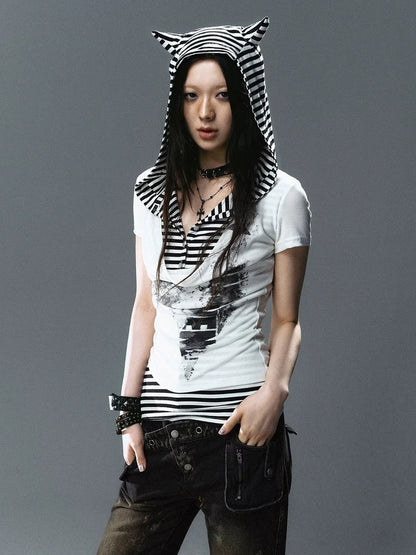 Chinese Clothing Cest Nous Update Striped Cat Ear Layered Hem T-shirt