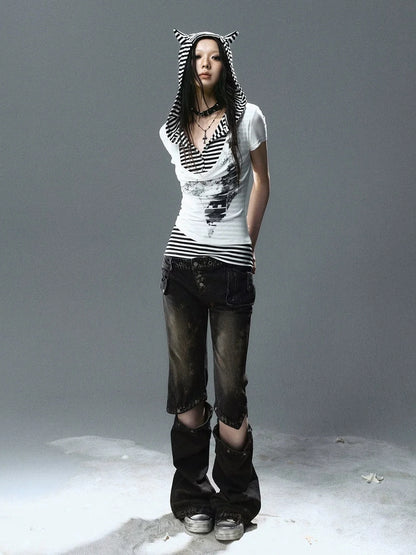 Chinese Clothing Cest Nous Update Striped Cat Ear Layered Hem T-shirt