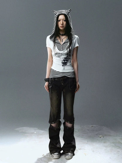 Chinese Clothing Cest Nous Update Striped Cat Ear Layered Hem T-shirt