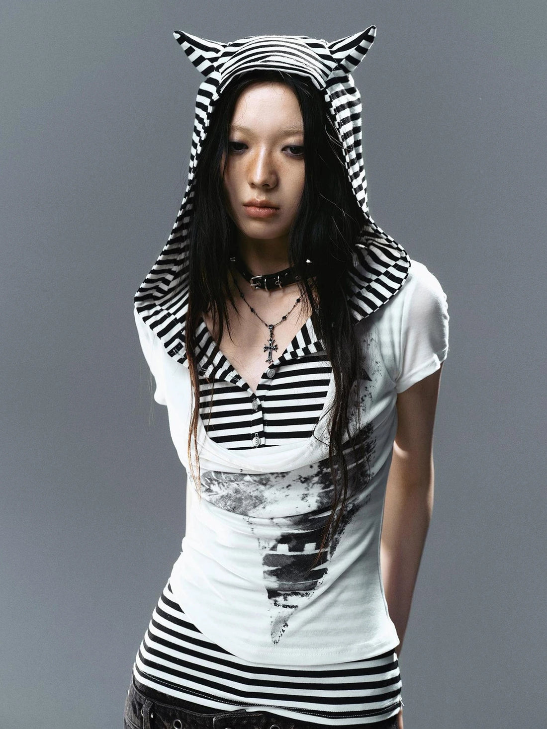 Chinese Clothing Cest Nous Update Striped Cat Ear Layered Hem T-shirt