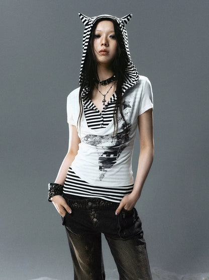 Chinese Clothing Cest Nous Update Striped Cat Ear Layered Hem T-shirt