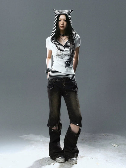 Chinese Clothing Cest Nous Update Striped Cat Ear Layered Hem T-shirt