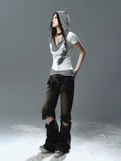 Chinese Clothing Cest Nous Update Striped Cat Ear Layered Hem T-shirt