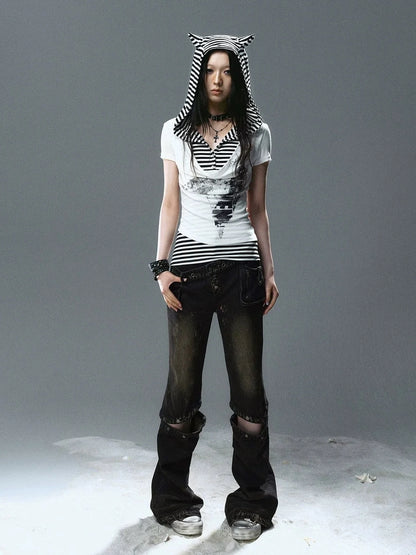 Chinese Clothing Cest Nous Update Striped Cat Ear Layered Hem T-shirt