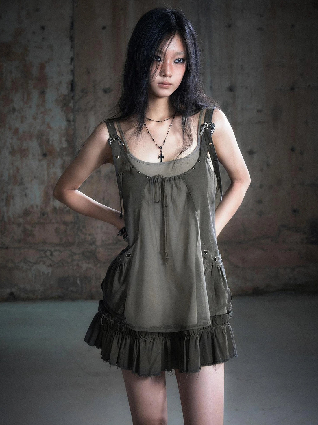 Chinese Clothing Cest Nous Update Two Layer Mesh Trim Drawstring Slip Dress