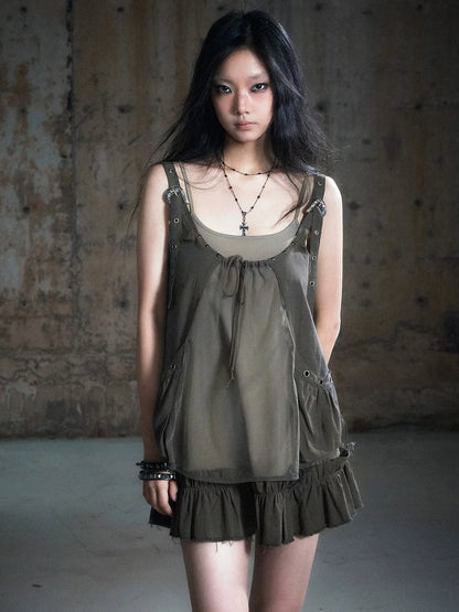Chinese Clothing Cest Nous Update Two Layer Mesh Trim Drawstring Slip Dress