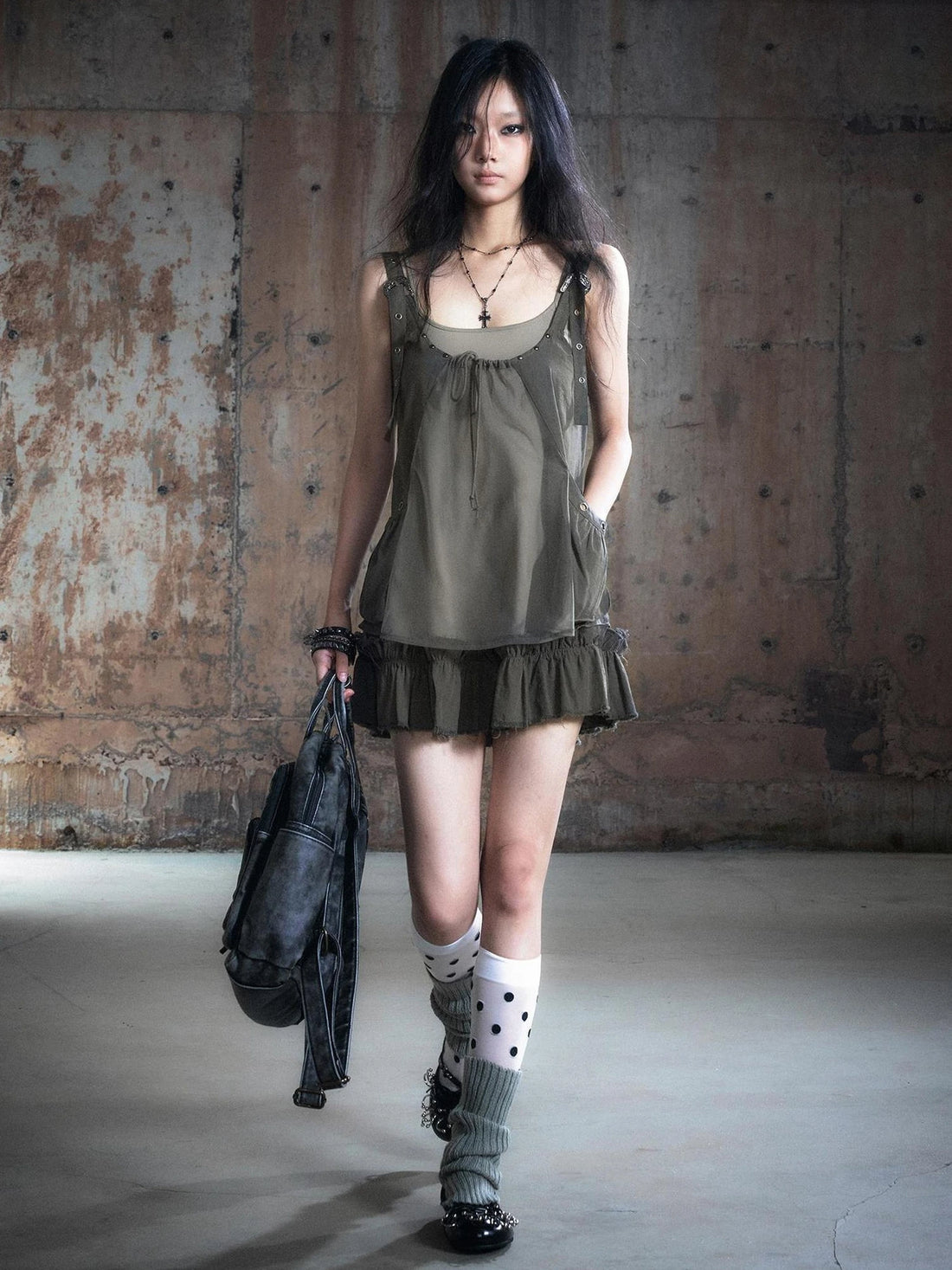 Chinese Clothing Cest Nous Update Two Layer Mesh Trim Drawstring Slip Dress