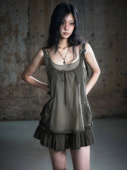 Chinese Clothing Cest Nous Update Two Layer Mesh Trim Drawstring Slip Dress