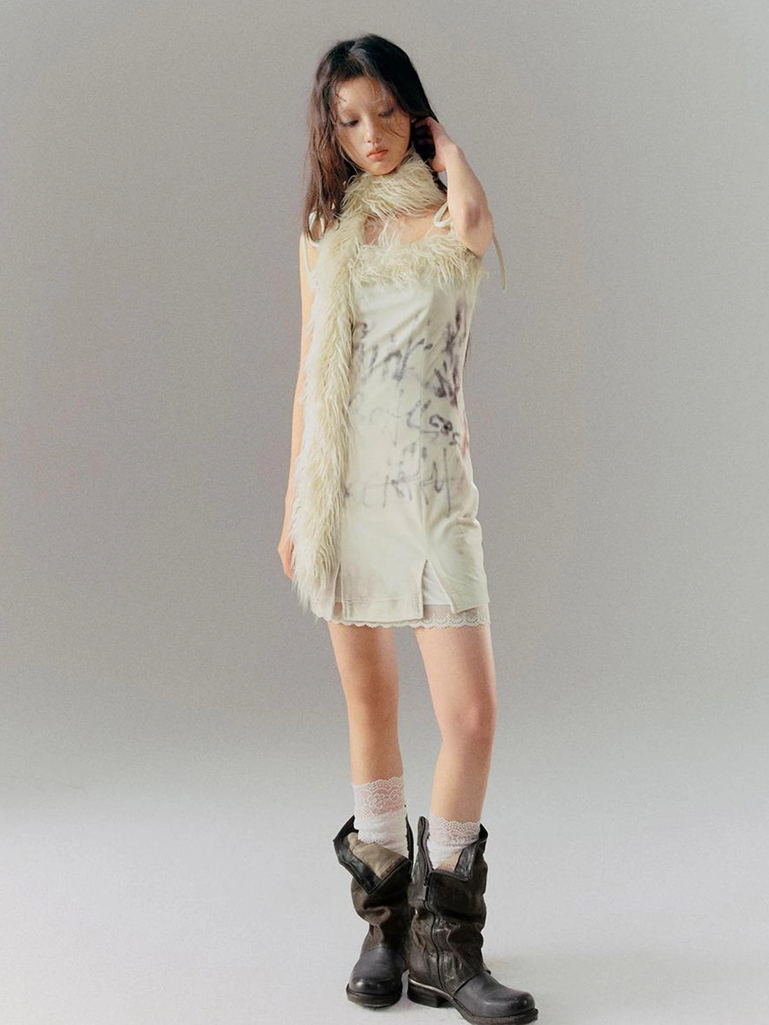 Chinese Clothing Cest Nous Update Velvet Print Trimmed Slit Dress
