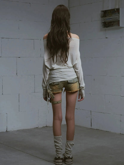 Chinese Clothing Cest Nous Update Vintage Blue Green Washed Distressed Denim Shorts