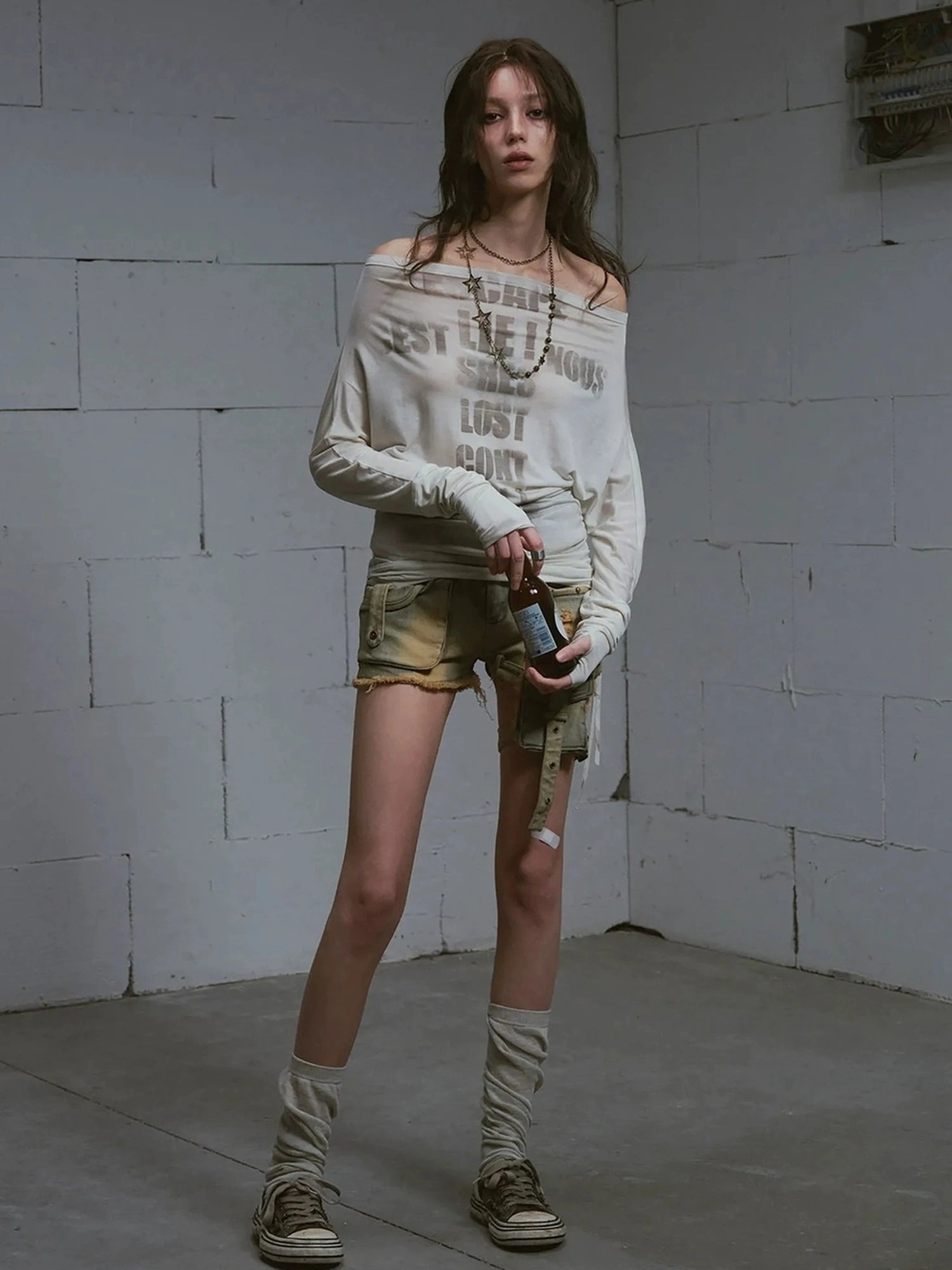 Chinese Clothing Cest Nous Update Vintage Blue Green Washed Distressed Denim Shorts