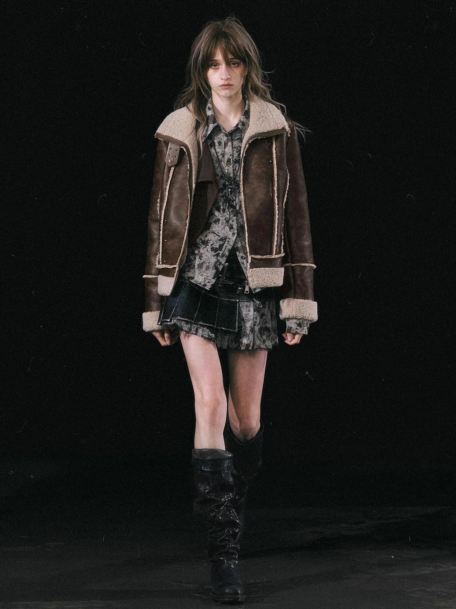 Chinese Clothing Cest Nous Update Vintage Brown Shearling Biker Jacket