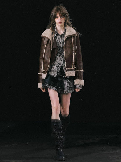 Chinese Clothing Cest Nous Update Vintage Brown Shearling Biker Jacket