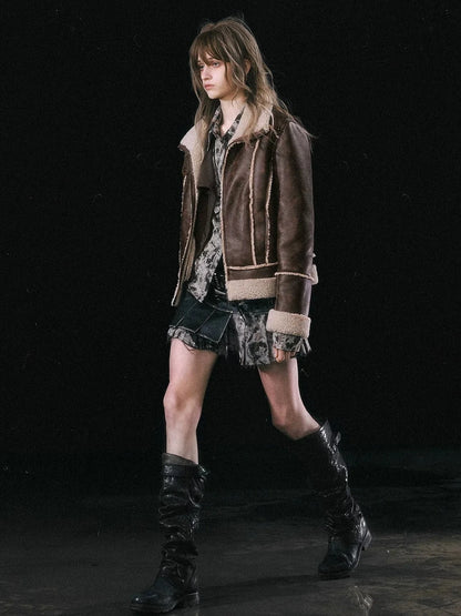 Chinese Clothing Cest Nous Update Vintage Brown Shearling Biker Jacket