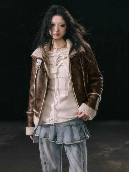 Chinese Clothing Cest Nous Update Vintage Brown Shearling Biker Jacket