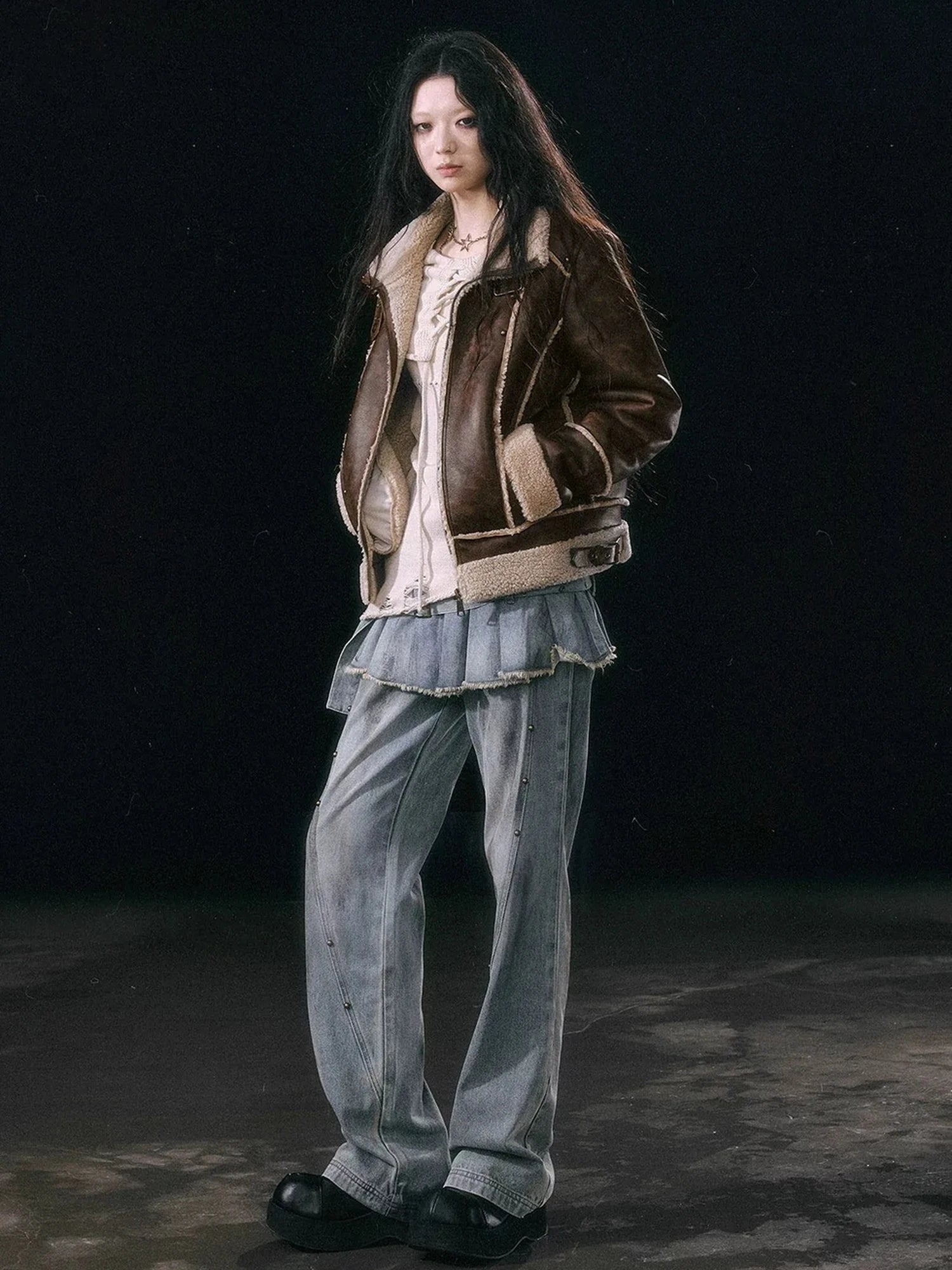 Chinese Clothing Cest Nous Update Vintage Brown Shearling Biker Jacket