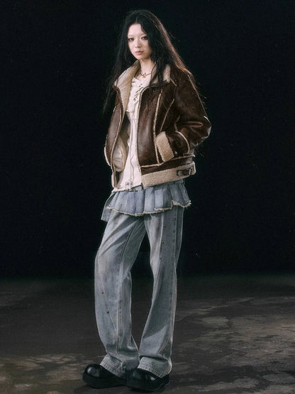 Chinese Clothing Cest Nous Update Vintage Brown Shearling Biker Jacket