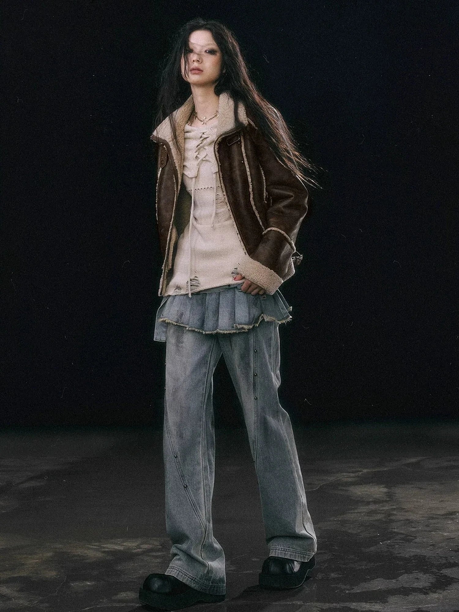 Chinese Clothing Cest Nous Update Vintage Brown Shearling Biker Jacket