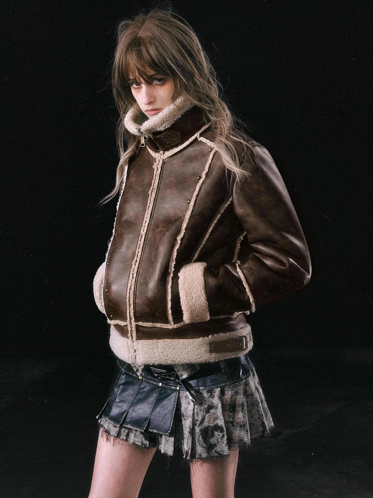 Chinese Clothing Cest Nous Update Vintage Brown Shearling Biker Jacket