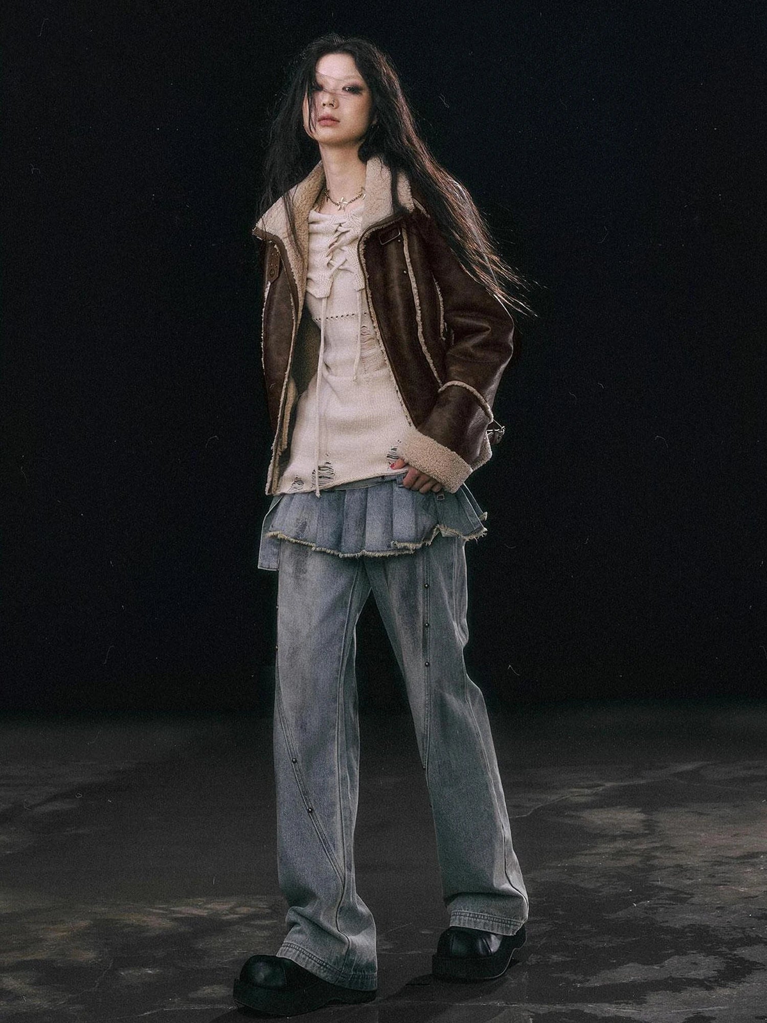 Chinese Clothing Cest Nous Update Vintage Brown Shearling Biker Jacket