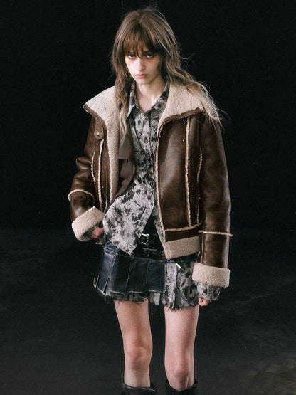 Chinese Clothing Cest Nous Update Vintage Brown Shearling Biker Jacket