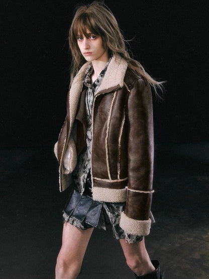 Chinese Clothing Cest Nous Update Vintage Brown Shearling Biker Jacket