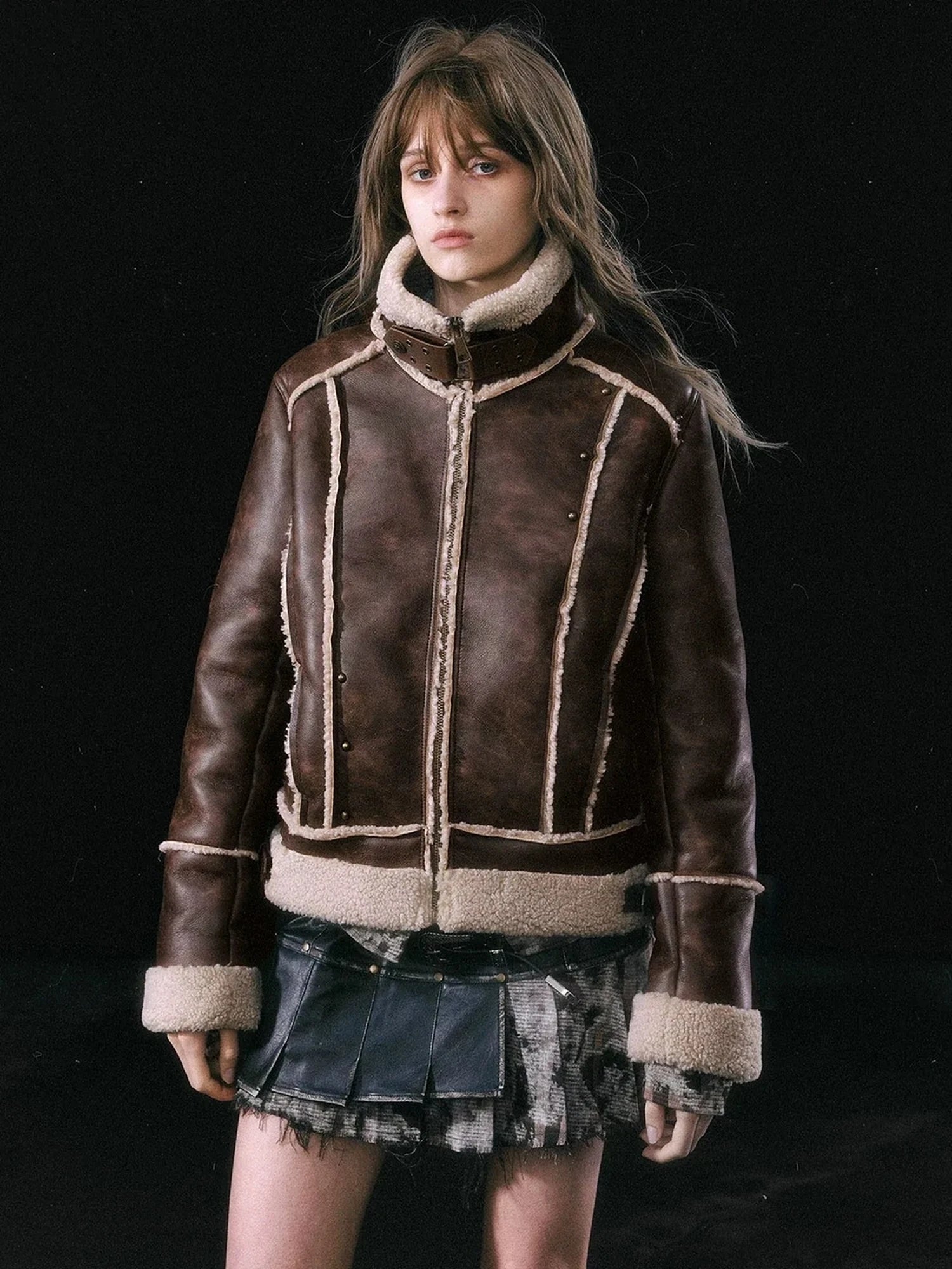 Chinese Clothing Cest Nous Update Vintage Brown Shearling Biker Jacket