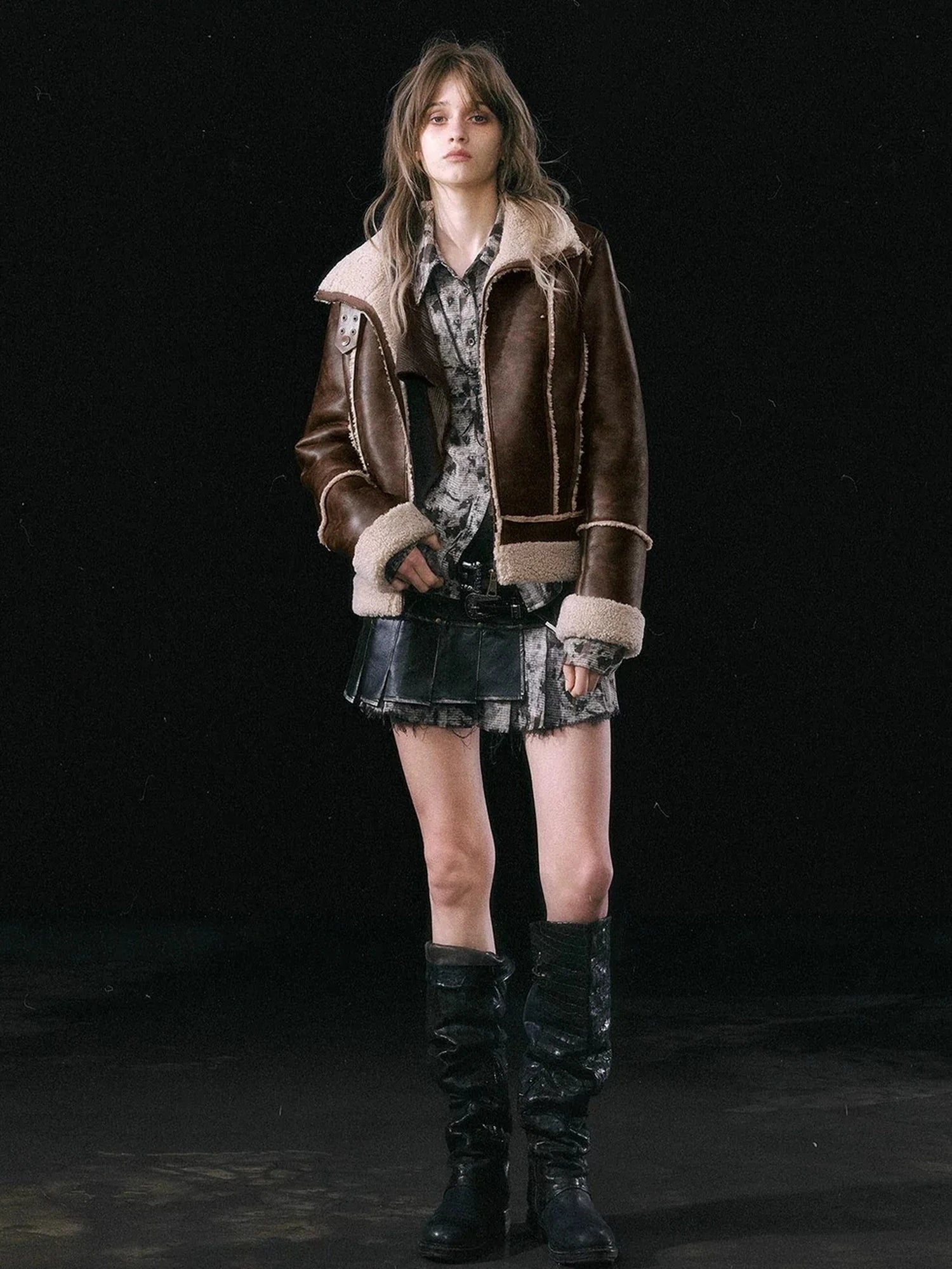 Chinese Clothing Cest Nous Update Vintage Brown Shearling Biker Jacket