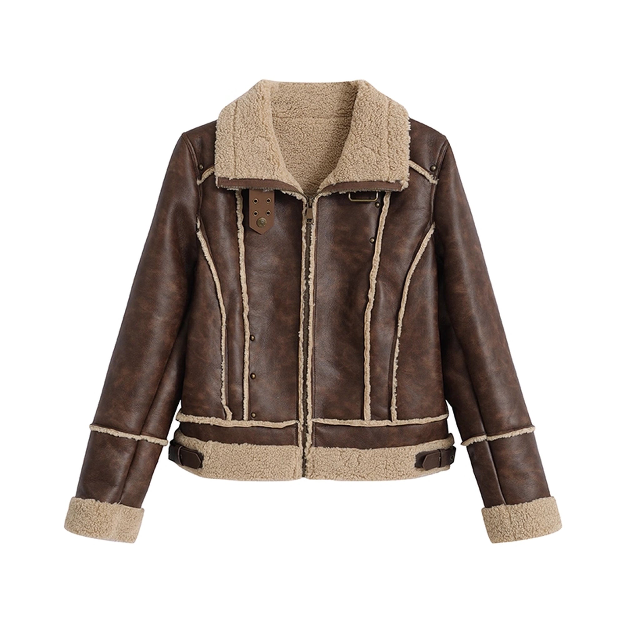 Chinese Clothing Cest Nous Update Vintage Brown Shearling Biker Jacket MISSTT