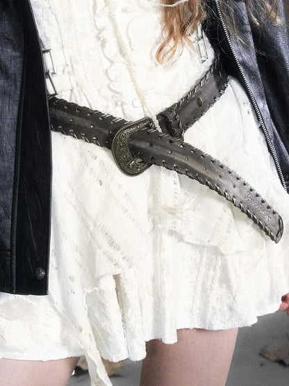 Chinese Clothing Cest Nous Update Vintage Carved Buckle Distressed Leather Lacing Belt