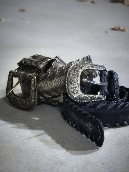 Chinese Clothing Cest Nous Update Vintage Carved Buckle Distressed Leather Lacing Belt