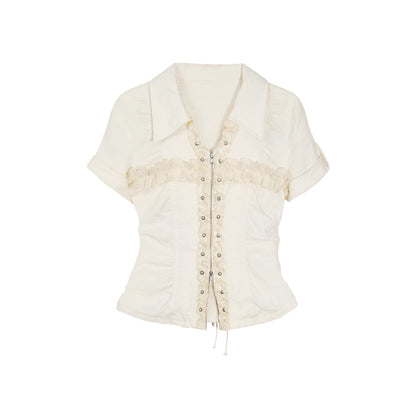 Chinese Clothing Cest Nous Update Vintage Cross Lace Gothic Ruffle V-neck T-shirt Long Sleeve MISSTT