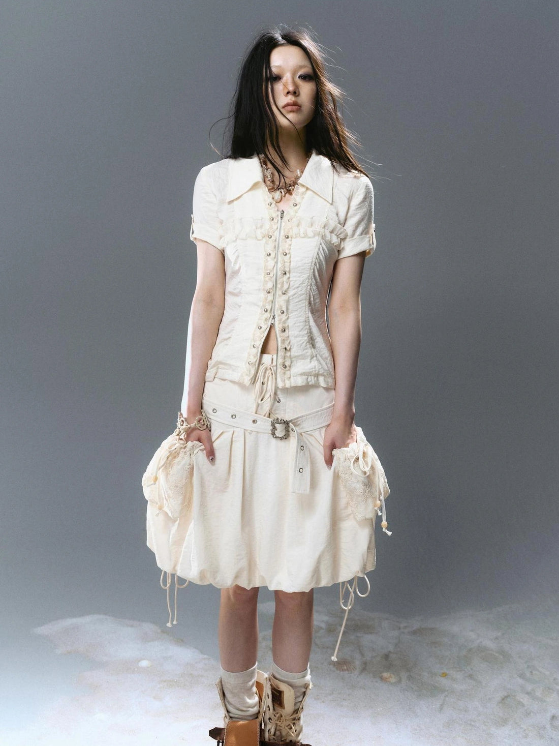 Chinese Clothing Cest Nous Update Vintage Cross Lace Gothic Ruffle V-neck T-shirt Long Sleeve