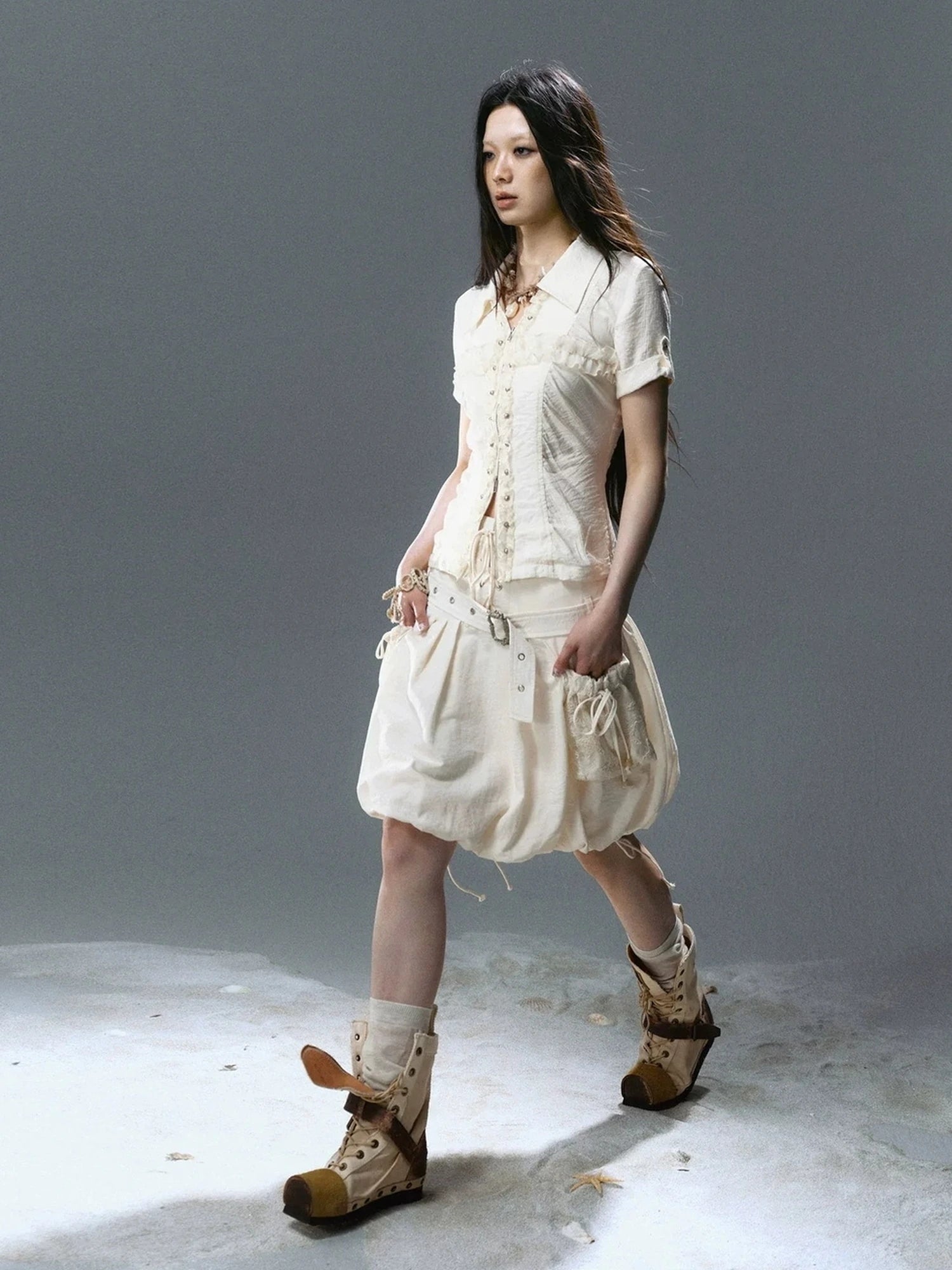 Chinese Clothing Cest Nous Update Vintage Cross Lace Gothic Ruffle V-neck T-shirt Long Sleeve