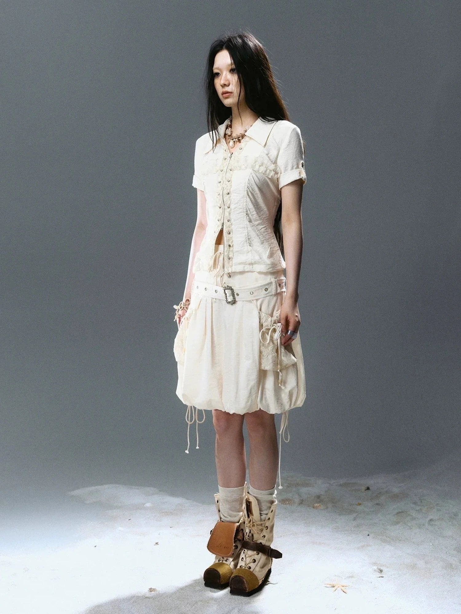Chinese Clothing Cest Nous Update Vintage Cross Lace Gothic Ruffle V-neck T-shirt Long Sleeve