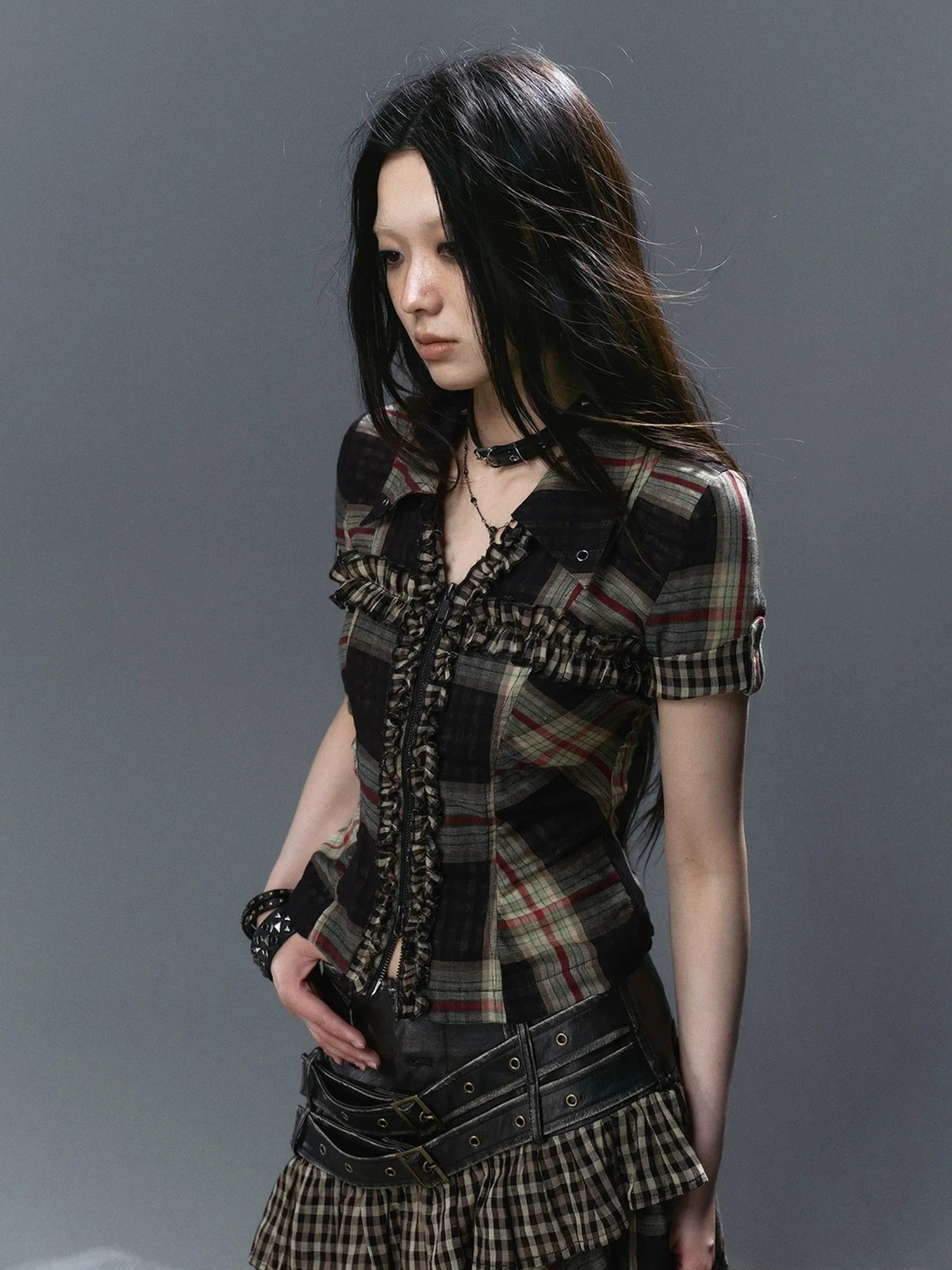 Chinese Clothing Cest Nous Update Vintage Cross Lace Gothic Ruffle V-neck T-shirt Long Sleeve