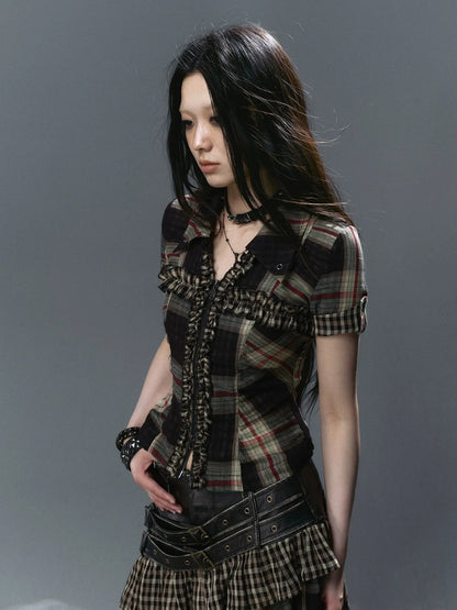 Chinese Clothing Cest Nous Update Vintage Cross Lace Gothic Ruffle V-neck T-shirt Long Sleeve