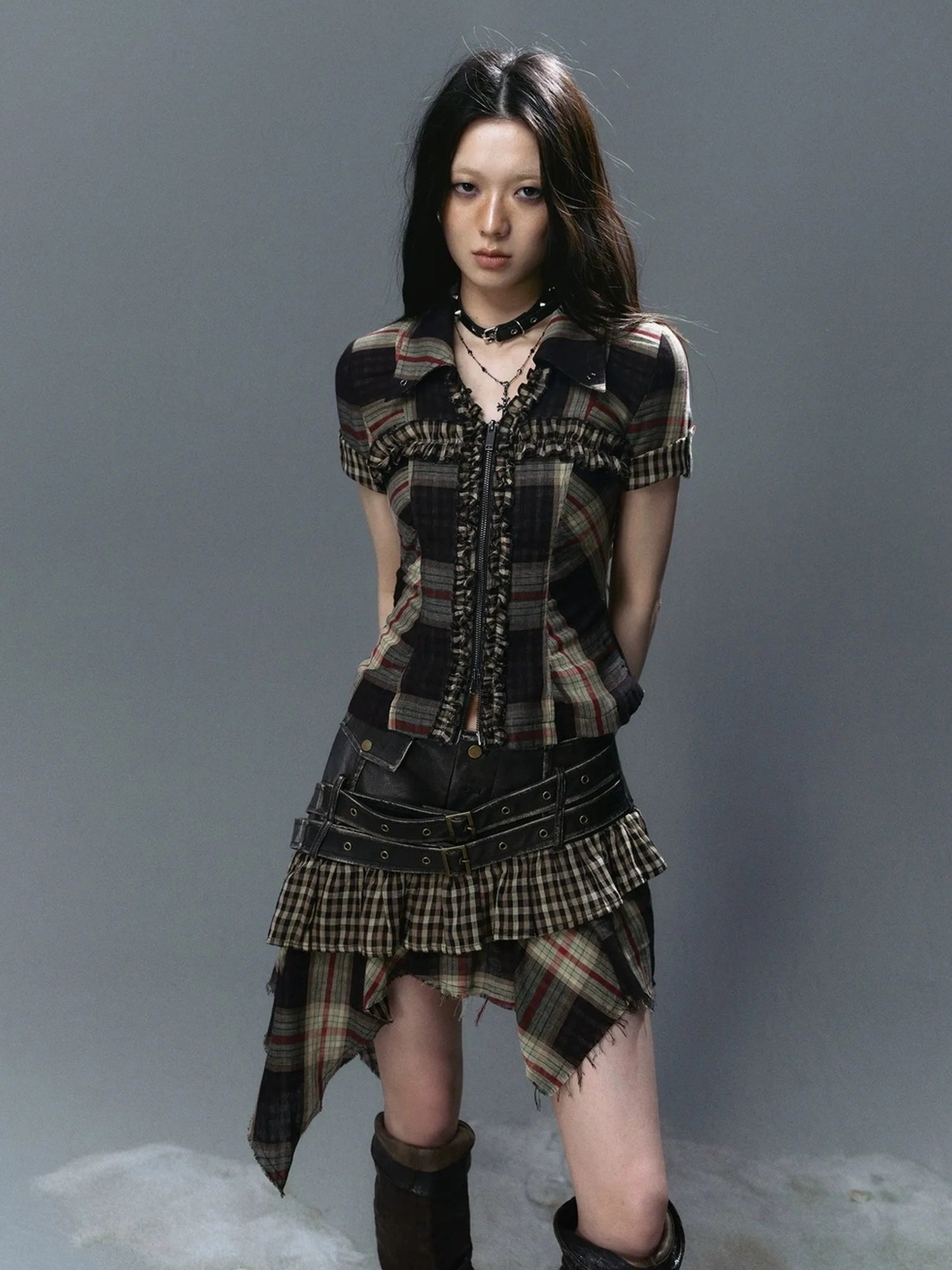 Chinese Clothing Cest Nous Update Vintage Cross Lace Gothic Ruffle V-neck T-shirt Long Sleeve
