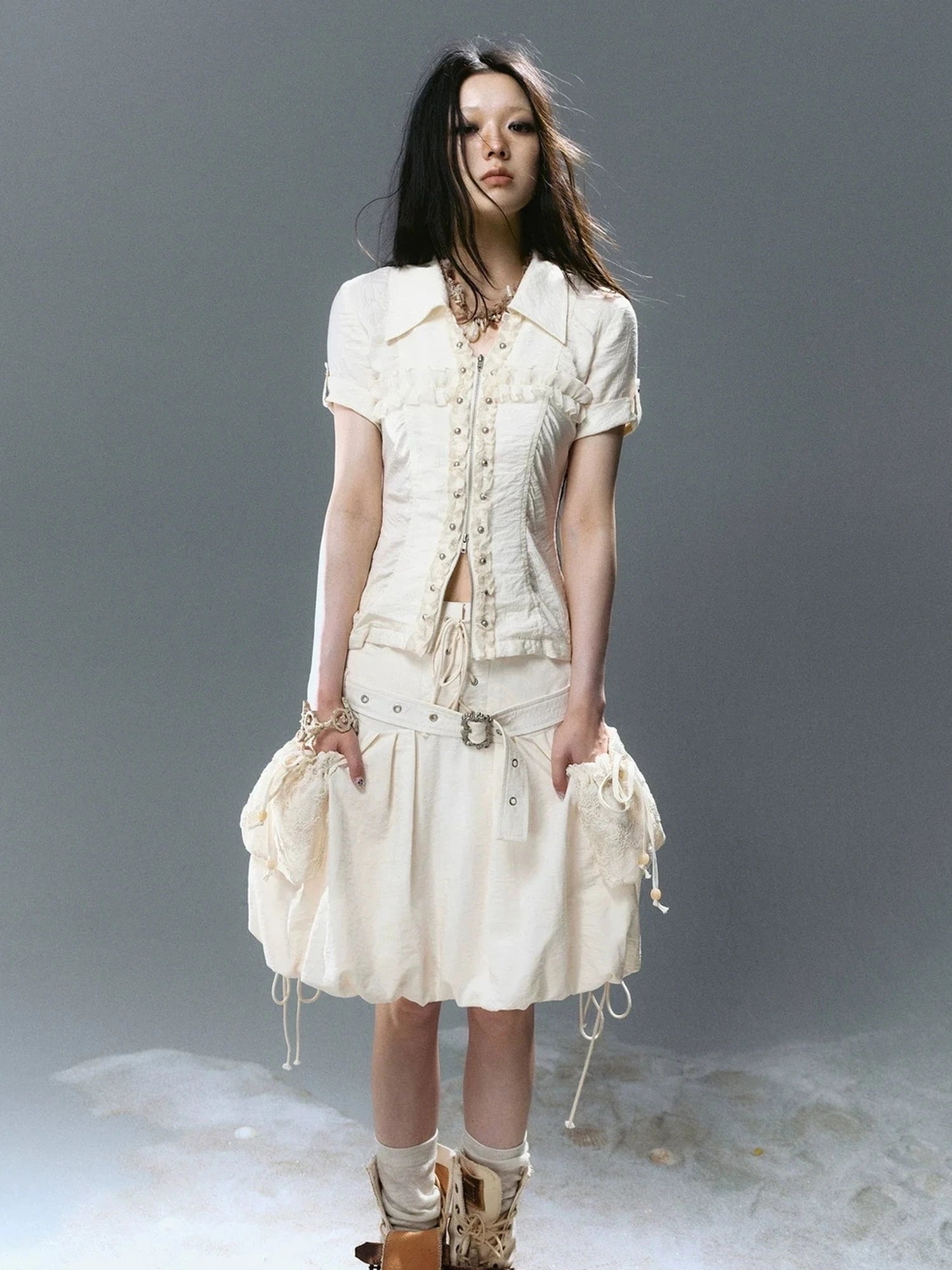 Chinese Clothing Cest Nous Update Vintage Cross Lace Gothic Ruffle V-neck T-shirt Long Sleeve