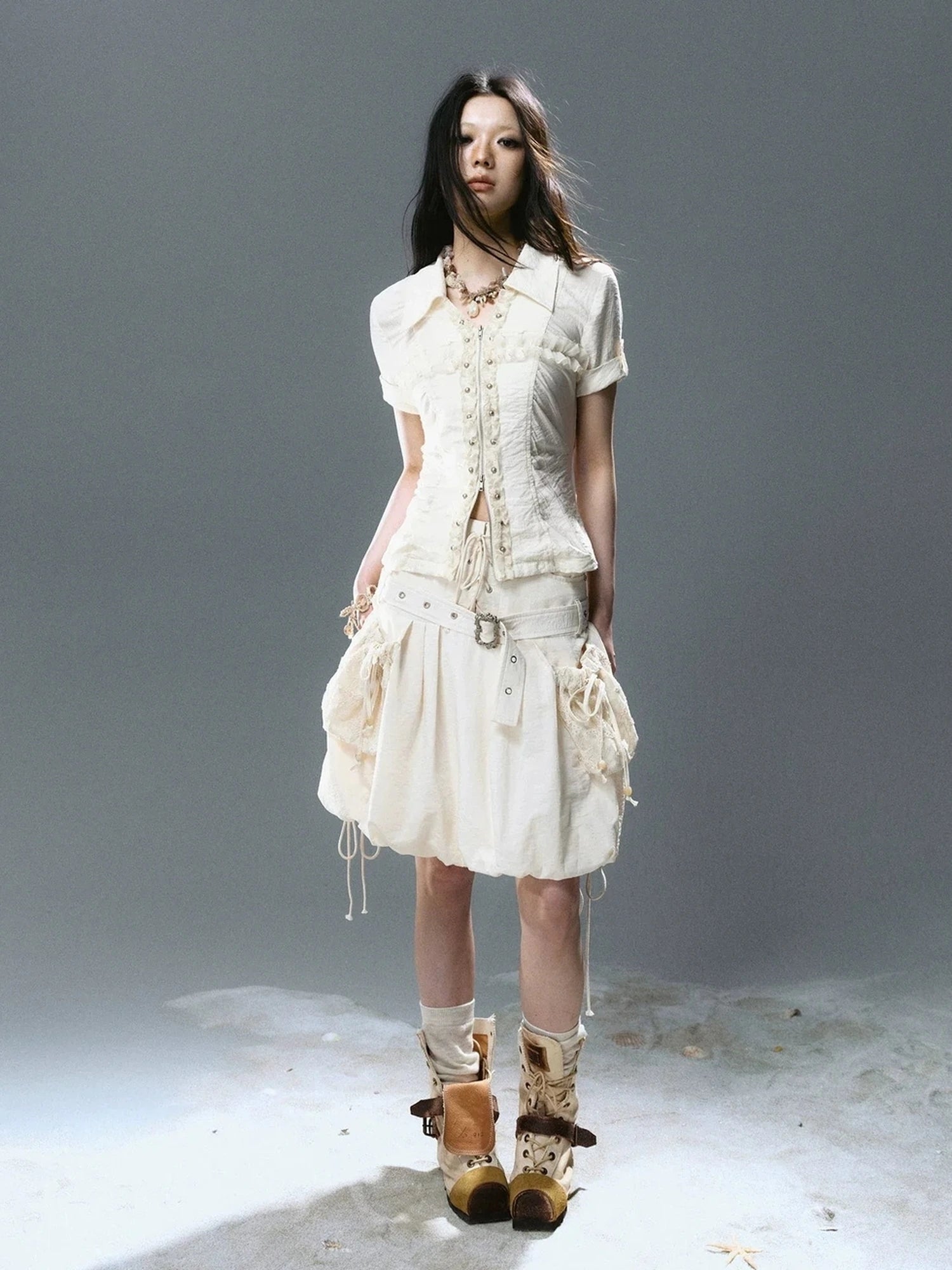 Chinese Clothing Cest Nous Update Vintage Cross Lace Gothic Ruffle V-neck T-shirt Long Sleeve