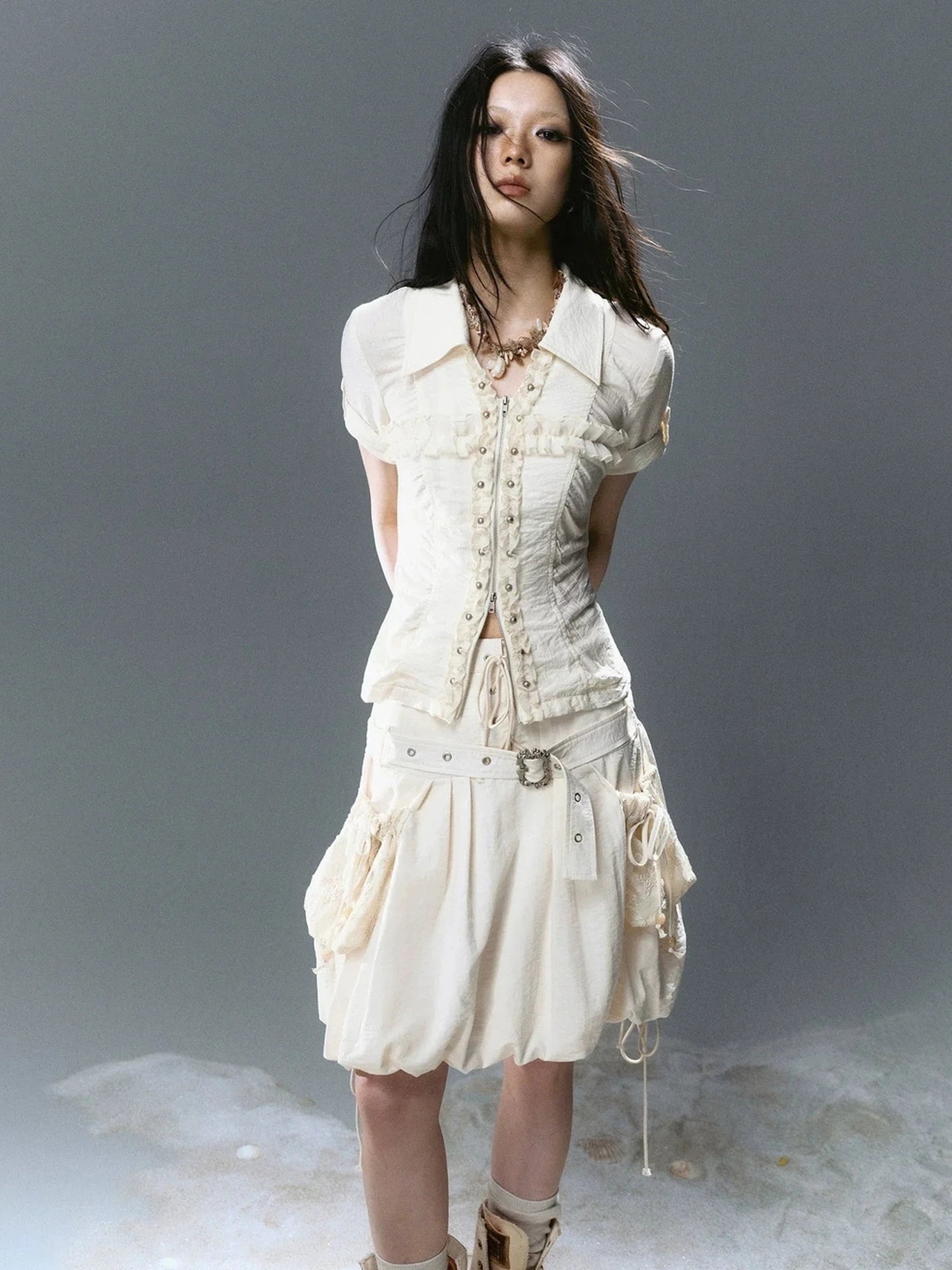 Chinese Clothing Cest Nous Update Vintage Cross Lace Gothic Ruffle V-neck T-shirt Long Sleeve