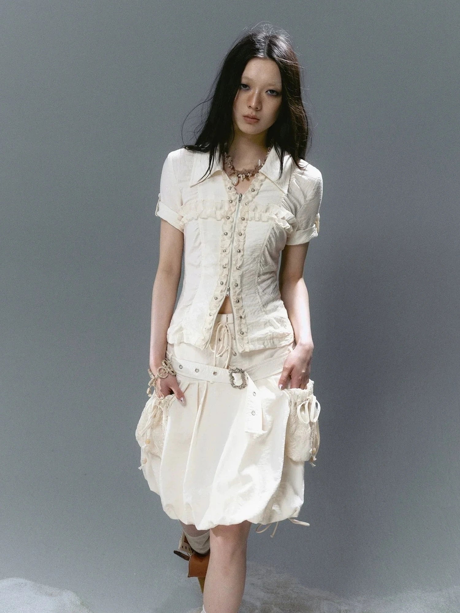 Chinese Clothing Cest Nous Update Vintage Cross Lace Gothic Ruffle V-neck T-shirt Long Sleeve